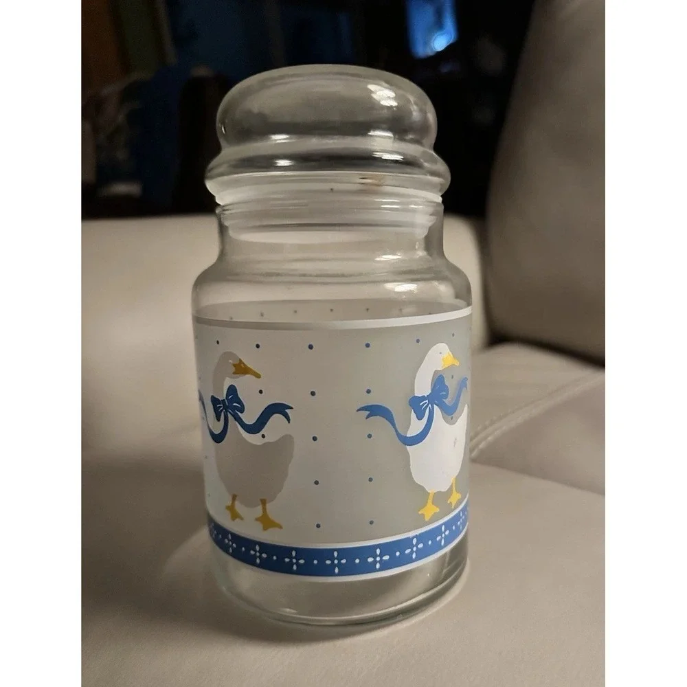 Vtg Storage Canister Jar Libbey Glass Goose with Blue Ribbon Frosted 7